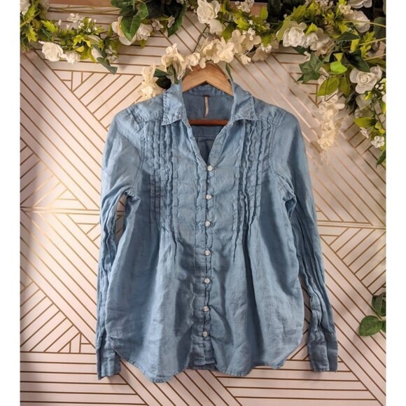 FREE PEOPLE Women's Blue  Linen Collar Long Sleeve Blouse Pleated Size Small - Picture 1 of 10